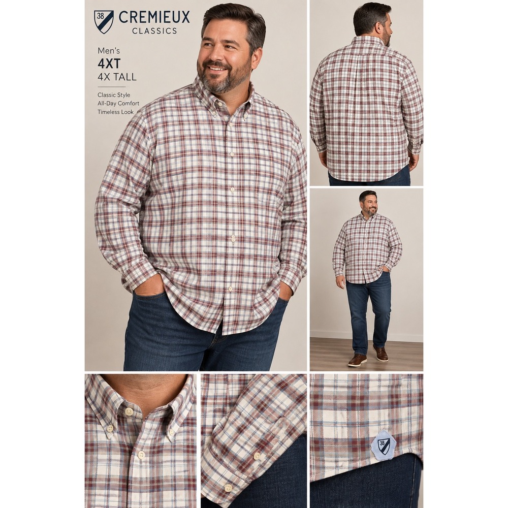 Cremieux Classics Mens 4XT Plaid Button Down Shirt Cotton Burgundy Blue Tall